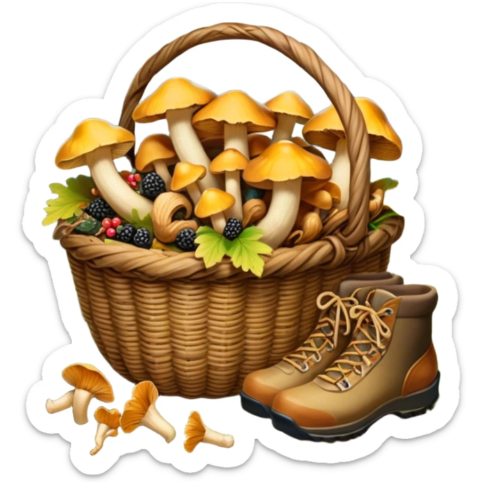 Icon for Mushroom and Berry Tourism: a basket filled with mushrooms chanterelles, boletus and aspen and berries, surrounded by forest elements like trees, leaves and a hiking boots. The icon should capture the joy of foraging in nature. Transparent background. sticker