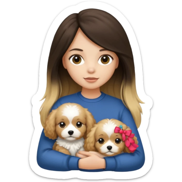 Make a girl with brunette/black straight long hair holding a 1 blonde cavapoo dog sticker