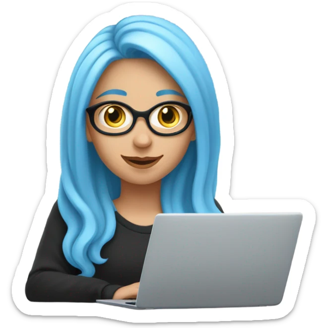a white girl with long blue hair in a black sweatshirt is sitting at a laptop sticker