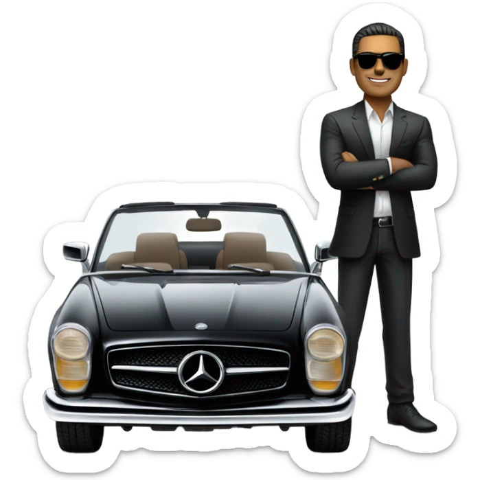 Latino Businessman with sunglasses standing in front of black Mercedes convertible sticker