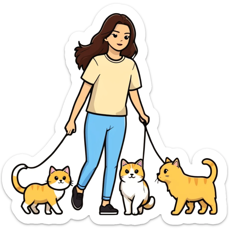 Kendall Jenner with long brown hair walking a golden retriever dog and three cats, two cream colored cats and one white and blue cat sticker