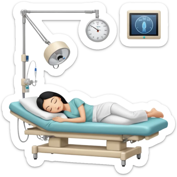 A female patient with black hair lying on an examination bed, head on a pillow and eyes closed, shown in a wide, full-body view in a clean colonoscopy procedure room. No medical staff visible. sticker