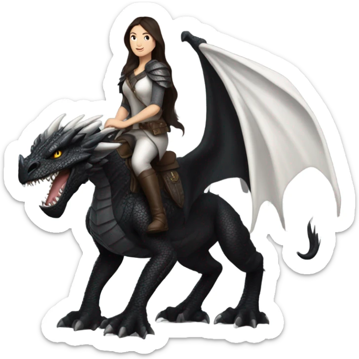 Determined and beautiful armored White Woman with dark brown long hair riding on the back of a giant black dragon sticker