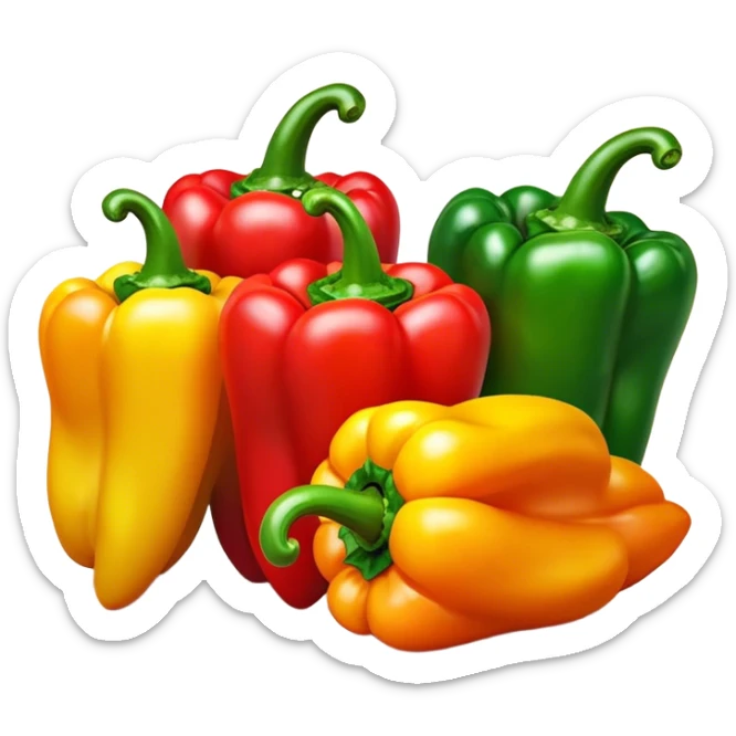 Cinematic bright colorful peppers, glossy and fresh, arranged in a vibrant mix of red, yellow, and green, warm glowing background, fresh and lively. sticker
