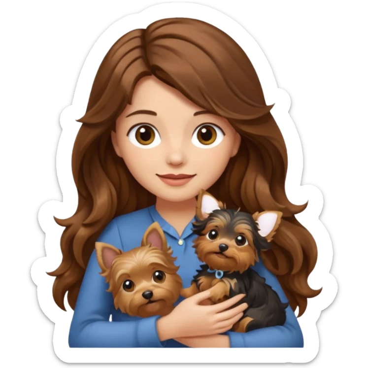 a woman with long wavy brown hair gently holding a Yorkshire Terrier, emoji style sticker