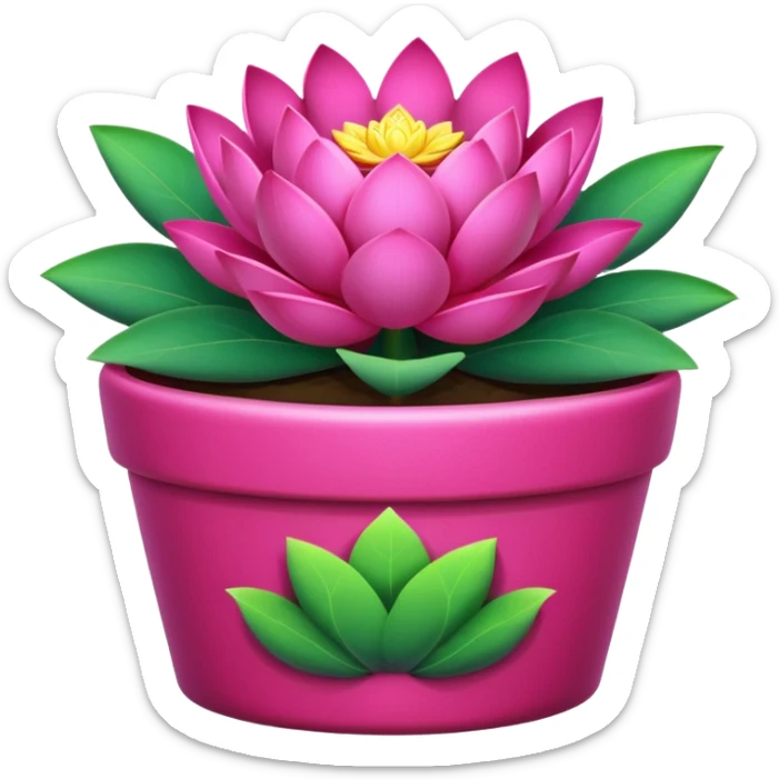 Decorative fuchsia-colored flower pot with a lotus flower plant; the pot is shallow sticker