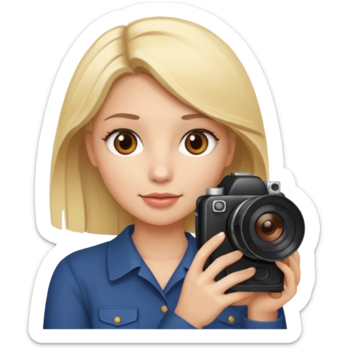Emogi simple femme blonde yeux marron qui tient un appareil photo sticker