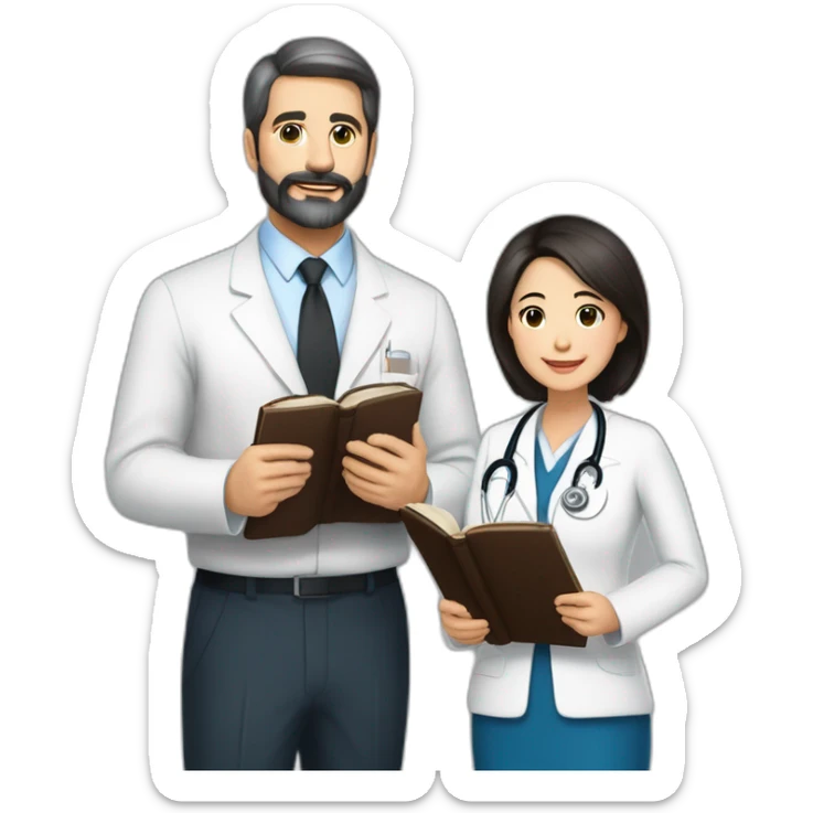 husband american age 64 dark brown hair trimmed beard wearing business suit holding bible together, wife asian age 64 black shoulder length hair wearing nurse uniform, no children sticker