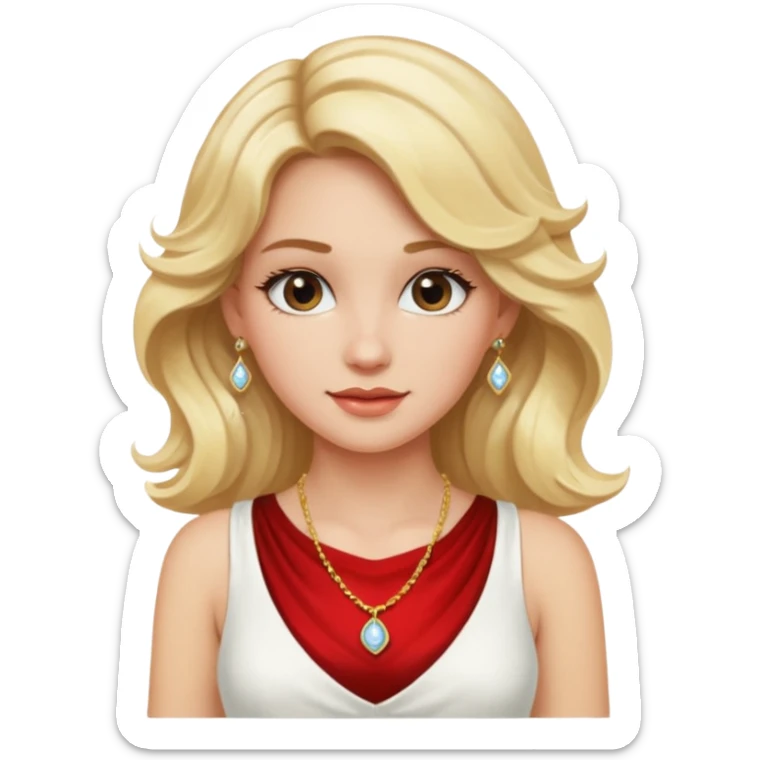 a wavy blonde girl with white sexy dress, having necklace and earing sticker