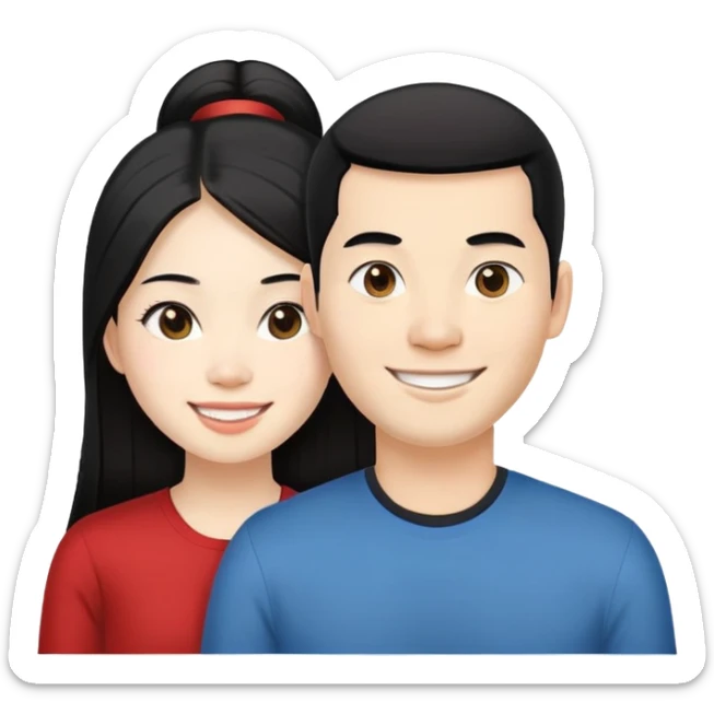1 Vietnamese couple, the smiling man has white skin, neatly gelled undercut hair, black hair. The woman has long straight hair split 7:3 black, white skin sticker