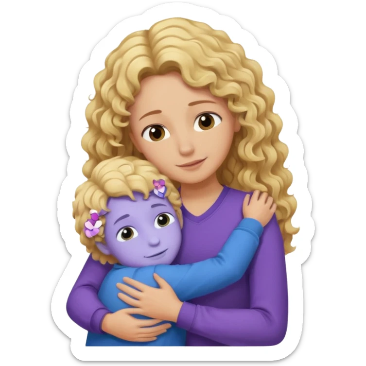 a mother with blond curly long wearing purple hugging his son with brown hair wearing blue and like saying its okay sticker