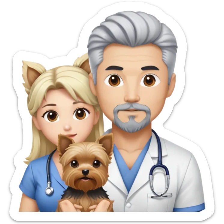 Blonde nurse with a dark haired pointy hair full goatee and muscular hot asain Korean man with one silver hair yorkie.  sticker