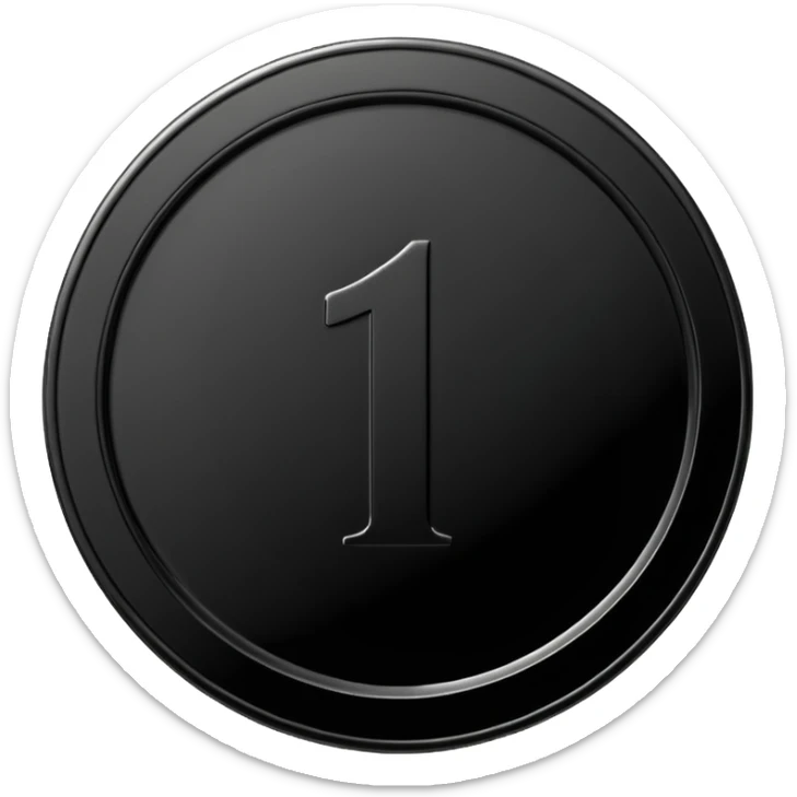Emoji icon of a black coin with engraved number 1, minimalist style, isolated sticker