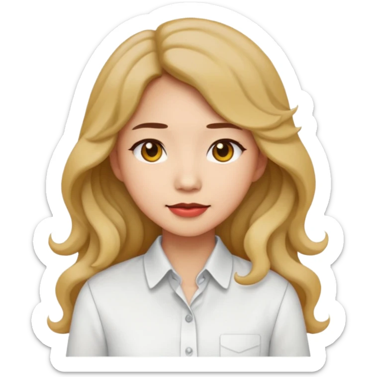 Asian woman, white button-up shirt, long permed wavy hair, emoji style, simple flat colors, transparent background. sticker