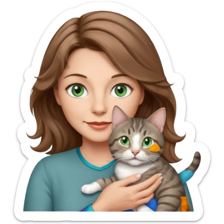 beautiful 50 yr old woman, wavy light brown hair, blue green eyes with beautiful gray tabby cat sticker