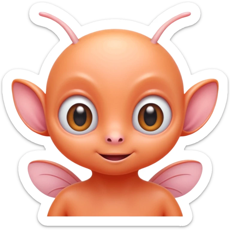 Portrait of a cute alien with round head, big shiny eyes, pastel orange skin, small antennae, friendly expression, cartoon style sticker