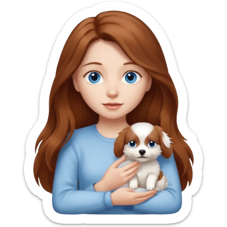 long hair chestnut color blue eyes woman holding small white dog sticker