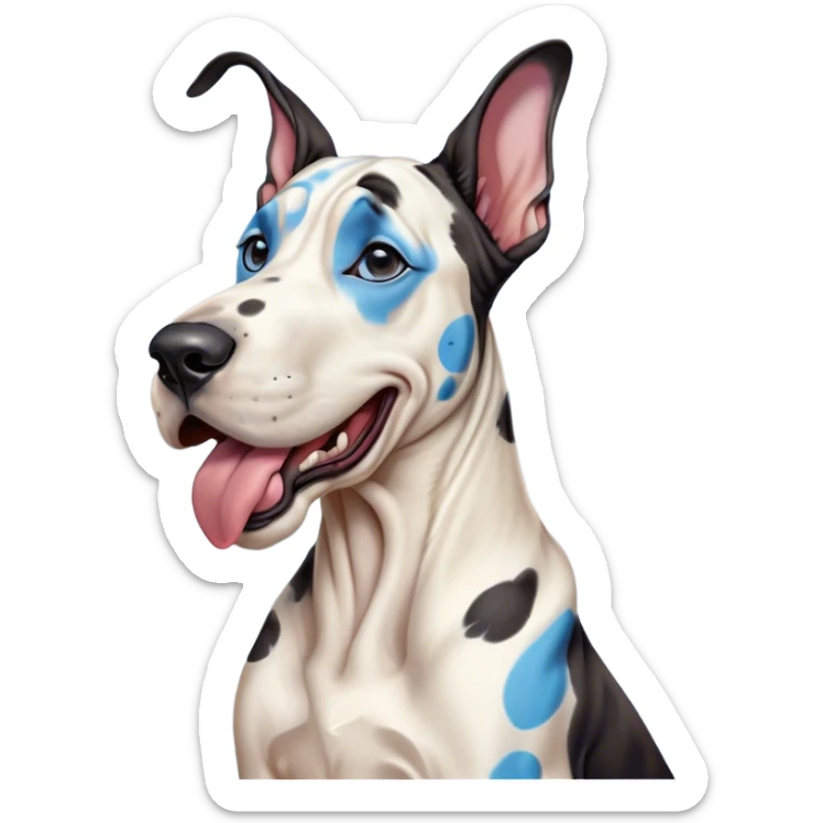 Cinematic Cute Yawning Harlequin Great Dane Portrait Emoji, Head tilted slightly with a dramatic, wide-open yawn, showcasing a smooth coat of predominantly white with bold black patches, floppy ears slightly drooping, round blue eyes barely open in drowsy contentment, Simplified yet irresistibly adorable features, highly detailed, glowing with a soft, cozy glow, high shine, relaxed yet expressive, stylized with a touch of whimsy, bright and endearing, soft glowing outline, capturing the essence of a sleepy yet affectionate guardian, so drowsy it feels like it could stretch out of the screen and curl up for a nap! sticker