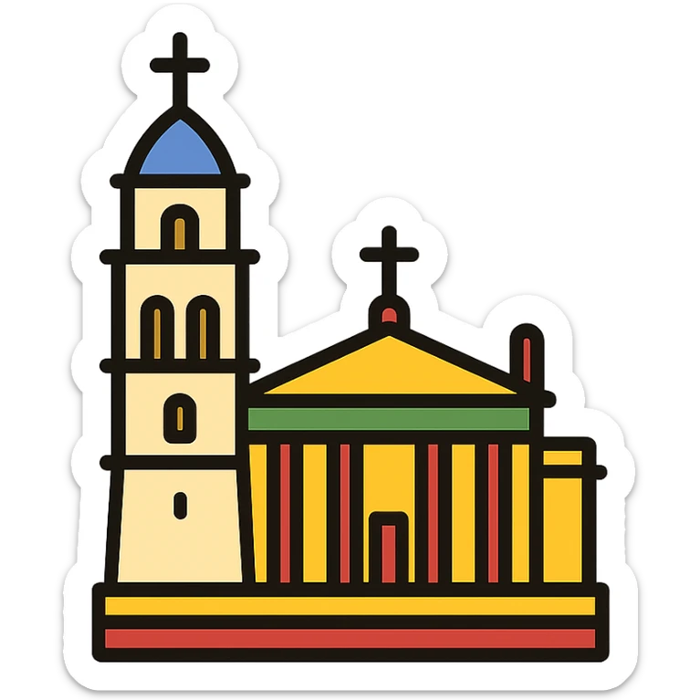 minimalist Discord role icon of Vilnius Cathedral Lithuania, clear lines, hint of Lithuanian flag colors sticker