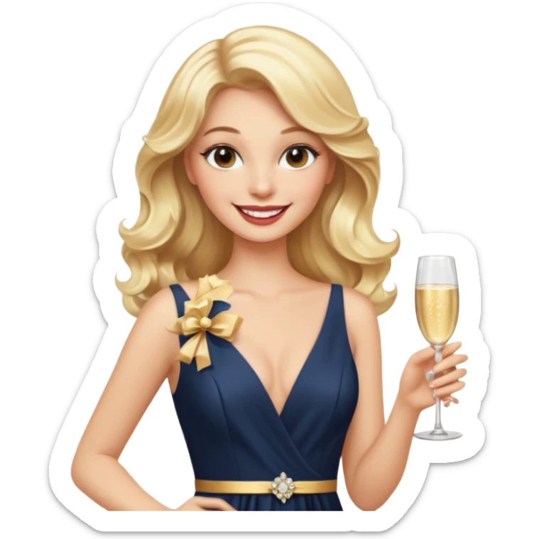 Glamorous blonde lady holding champagne bottle, long hair with makeup smiling  sticker