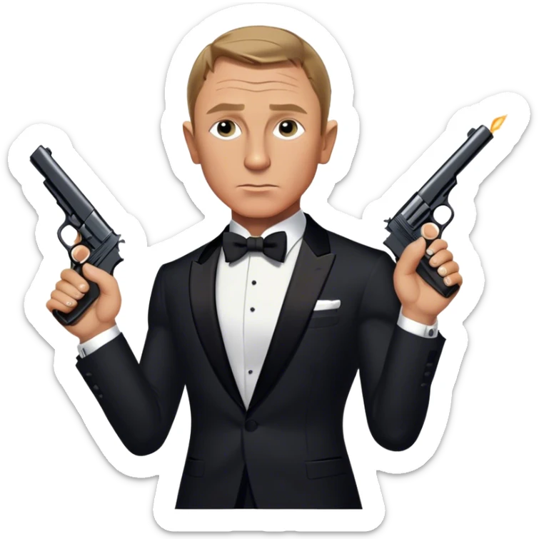 Cinematic Realistic James Bond Daniel Craig Portrait Emoji, depicted as the ultimate suave and enigmatic secret agent, donning a sharply tailored tuxedo, gripping a sleek handgun, with a piercing gaze that exudes confidence and danger. The scene is infused with moody, high-contrast cinematic lighting, evoking the thrilling world of espionage and intrigue. sticker