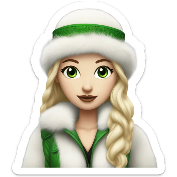 Realistic White girl with Long straight blonde hair, green eyes, tattoos, full body wearing white fur coat and fur hat sticker