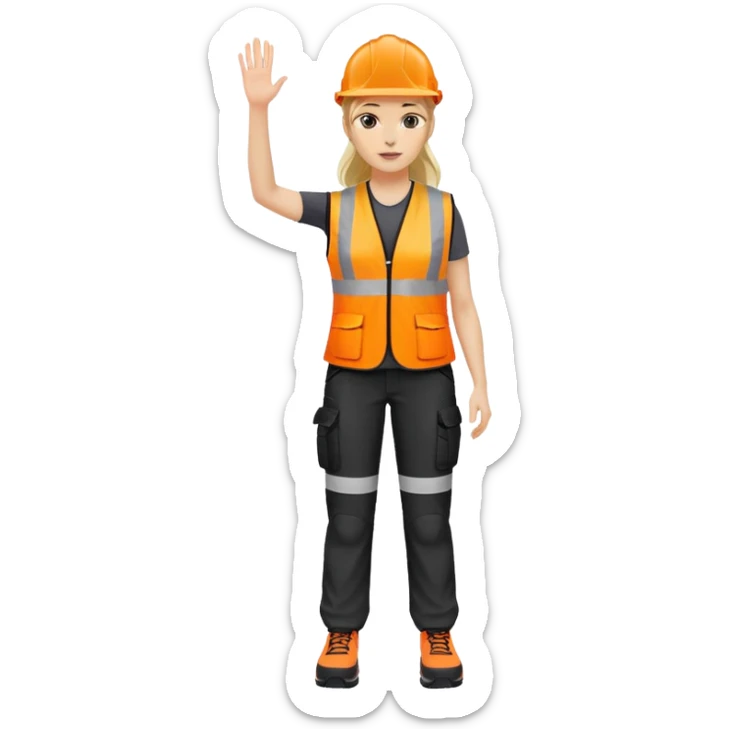 female, orange, hi-vis vest, dark trousers, no helmet, shoes, hand raised sticker