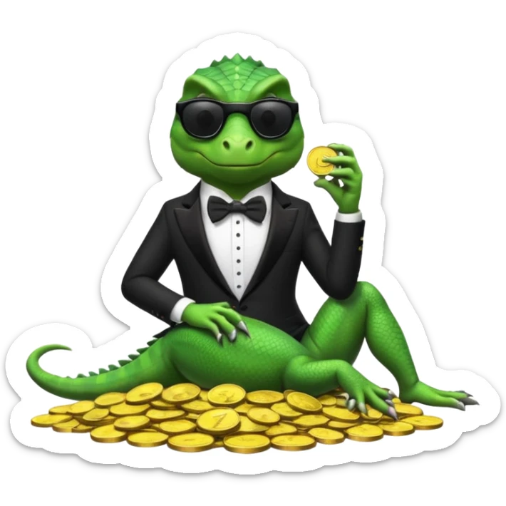 capitalist iguana banker in tuxedo and black sunglasses lying comfortly on coins sticker