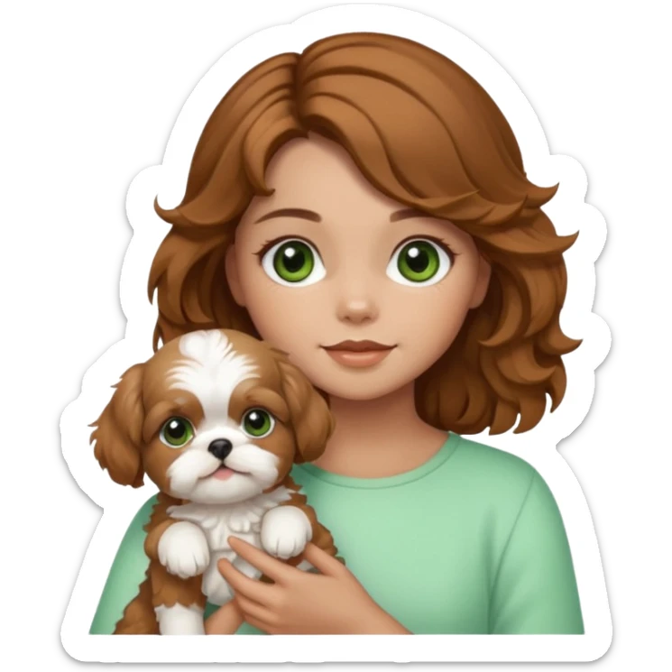 cachorro shihtzu caramelo e branco, no colo de uma menina de cabelo cacheado castanho com mechas claras e olhos verdes. sticker