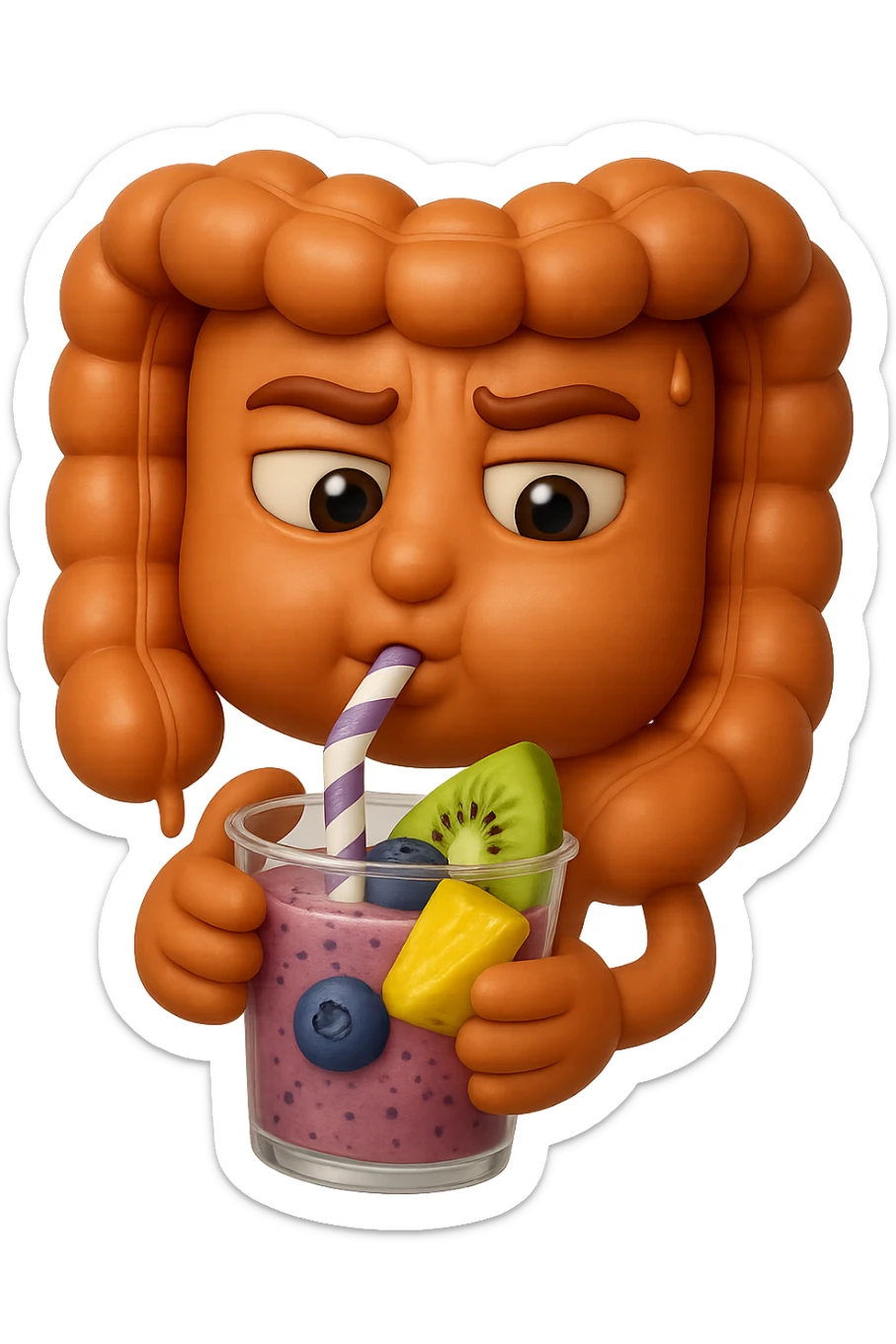 EMOJI STILE IPHONE DI un intestino umano anatomico che beve un frullato di mirtilli, ananas, kiwi, fagli anche la parte bianca degli occhi, non solo le pupille, REALISTICo 4K sticker