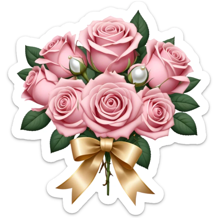 Elegant Victorian-style bouquet of dusty pink roses with pearl accents and a gold-trimmed ribbon sticker