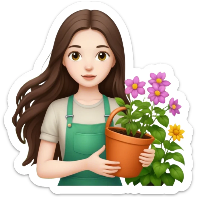 beautiful pale brunette girl with long hair gardening sticker
