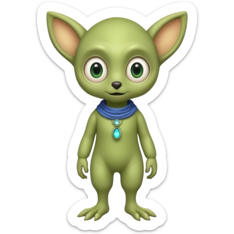 full body cute peacefull alien furry with 2 legs and eye stalks stands upright and looks intelligent ...wears clothing. not green..looks happy and cudly... doesnt have eyes on face, there is a stalk coming from top of head with a single large eye sticker