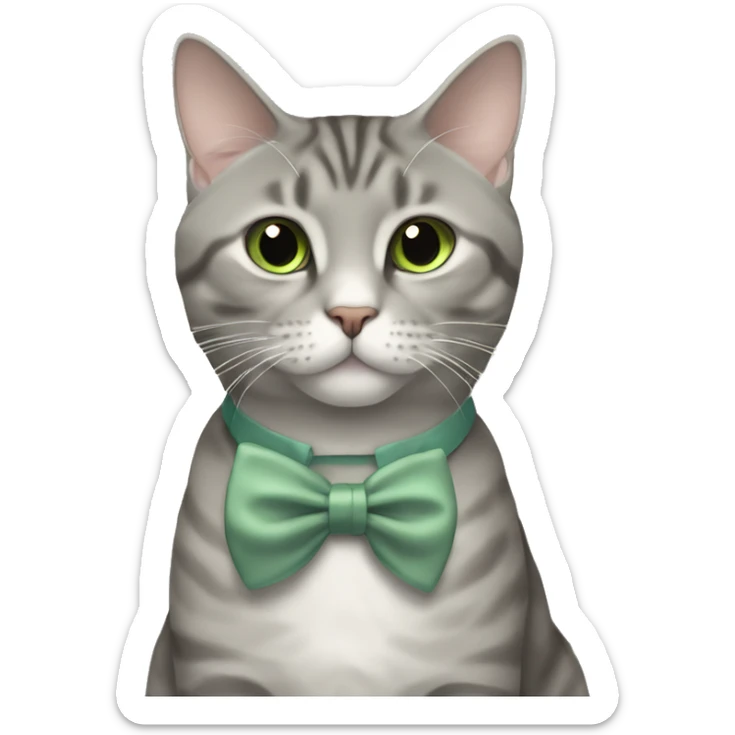 Aesthetic fat grey tabby British short hair full body cat with sage green bow tie sticker
