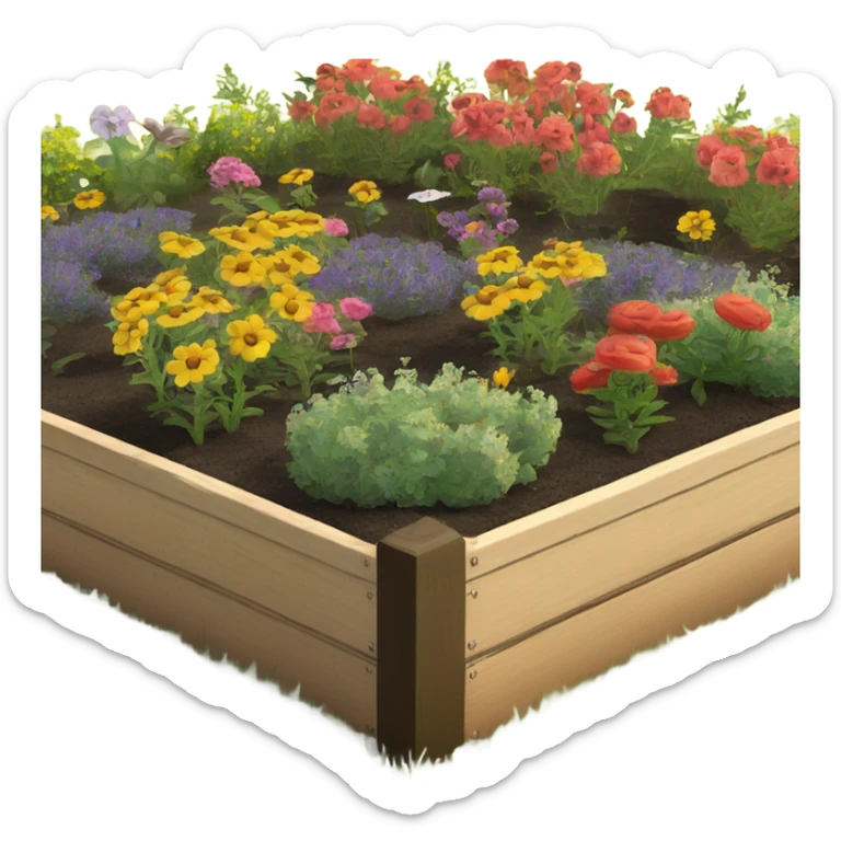 Raised garden bed 2” x 3” in between 4 honeybee hives with flowers in the gardens  sticker