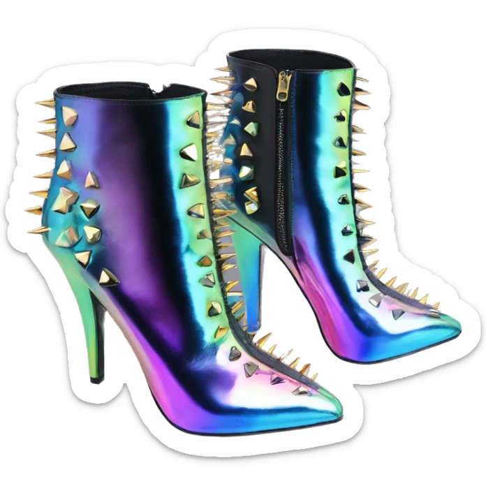 Realistic isolated top front view of a pair of Iridescent ombre studded spike heel ankle bootie boots.  sticker