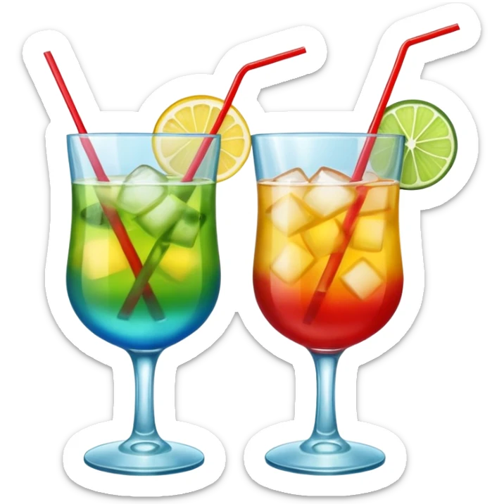 Create an emoji of two cocktails cheers action, one glass of green and yellow color and one glass of blue and red, without any fruit, make a toast asction sticker