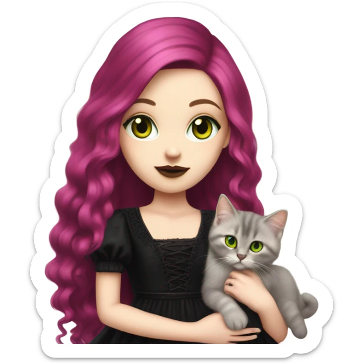 Pretty portrait of White girl. The Girl has Long Magenta Hair. Soft gothic make up and gothic dress. Holding her Cat. The cat is golden british longhair kitten with Green Eyes. sticker