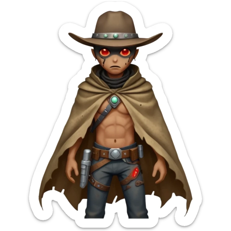 A rugged alien outlaw cowboy with scars and glowing red eyes, torn futuristic poncho, standing in a deserted alien town, dust blowing through empty streets, moody shadows, gritty sci-fi western realism
 sticker