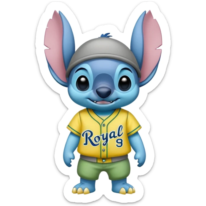 Stitch with a yellow and green baseball tenue and the name royal greys sticker