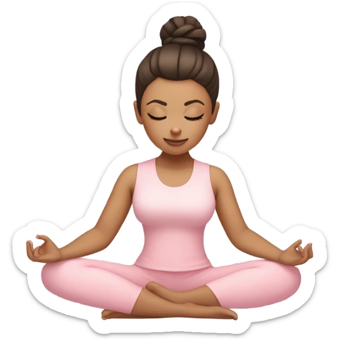 eyes closed emoji white girl brunette with a high bun girl in lotus pose wearing a pastel pink yoga set  sticker