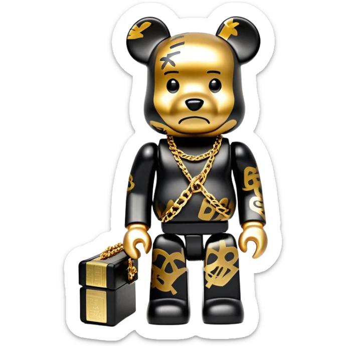 hustler bearbrick toy figure with graffiti print, X symbols instead of eyes, gold chain and money sticker
