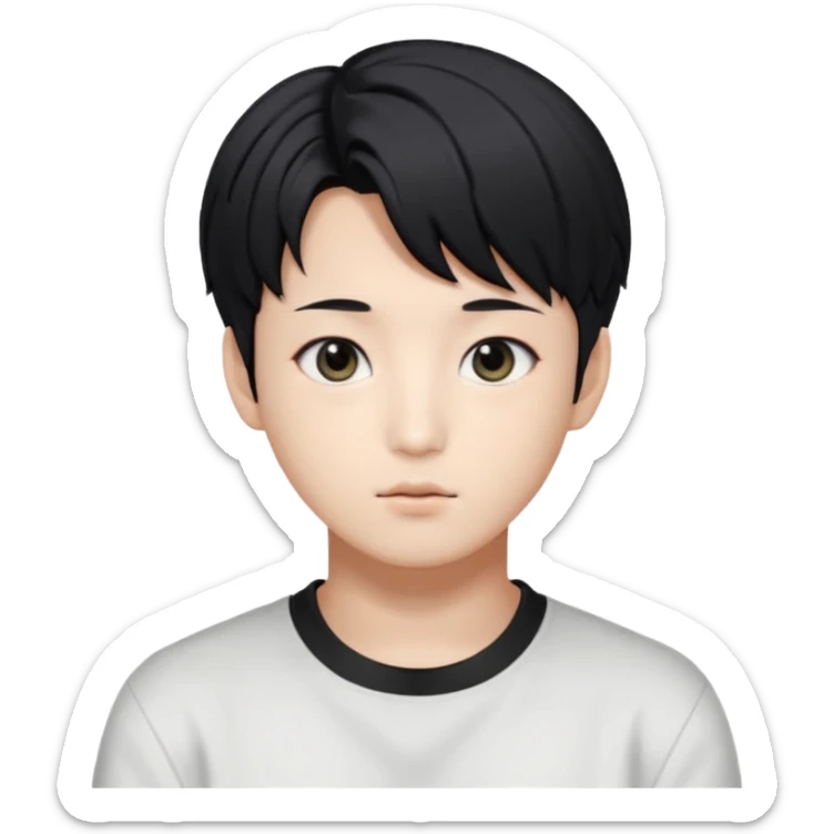 Korean boy with black hairs and black eyes, very beautifull like korean idol, and look like jungkook from bts sticker