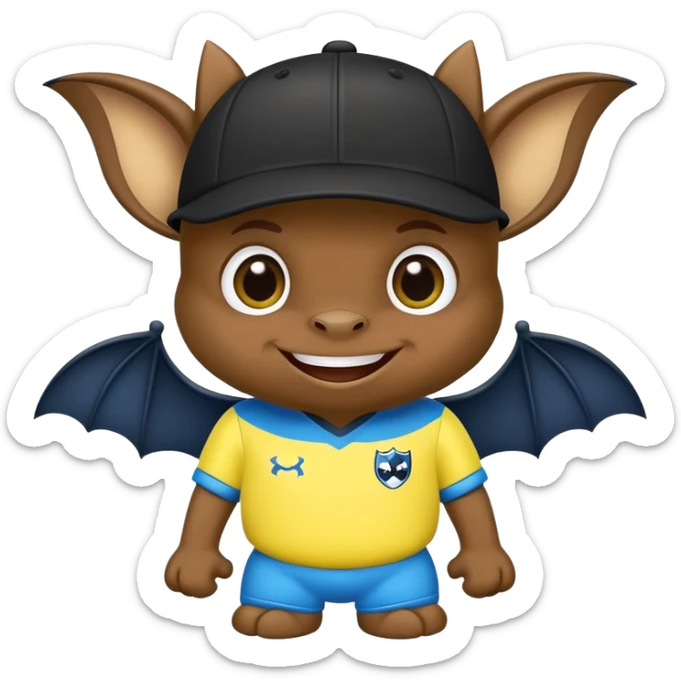 Cheeky little bat mascot for FC Rostov football club, wearing black goalkeeper cap like Lev Yashin, in yellow and blue team colors, mischievous expression, cute bat with big smile sticker