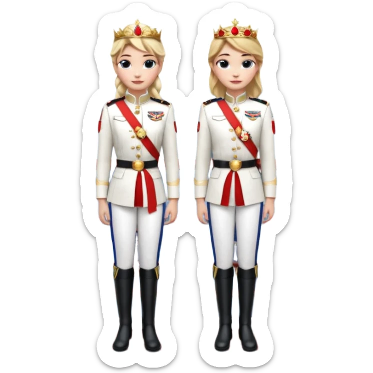Elsa and Anna arendelle from disney frozen movie are same wearing gold tiara white military tunic arm badge shoulder cord medal red sash blue belt black trouser with both side red stripe white overknee boots and they both has visited in Mumbai's bandra worli sea link bridge sticker