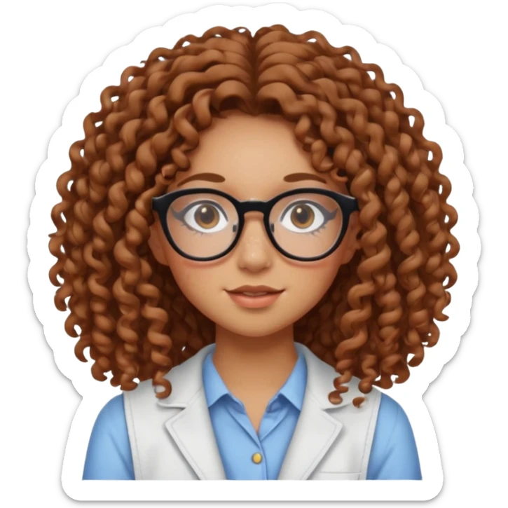make a really curly hair, teen girl with glasses and little acne that looks like freckles longer like more than shoulder lengthcurly hair, and pretty withe makeup on giving clean girl vibes, and make her have tan skin more blush and really pretty, and the har is really really long

 sticker