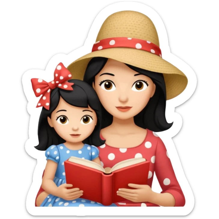 A black hair mother in a ribboned hat wearing polka dot dress reading a storybook to her child. sticker