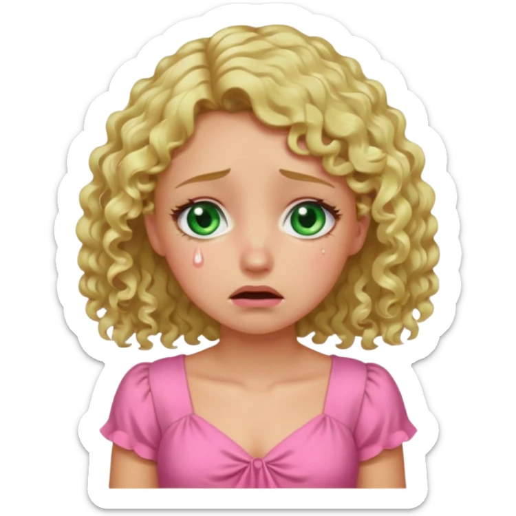 the girl is that criying she has green eyes and blond hair curly pink dress, sticker