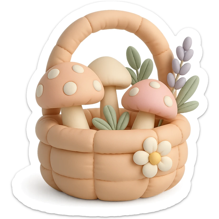 basket full of forest goodies including mushrooms, herbs, flowers in soft pastel colors, cushion style sticker