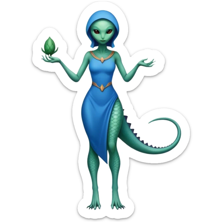 a reptilian alien woman full body, in blue dress sticker